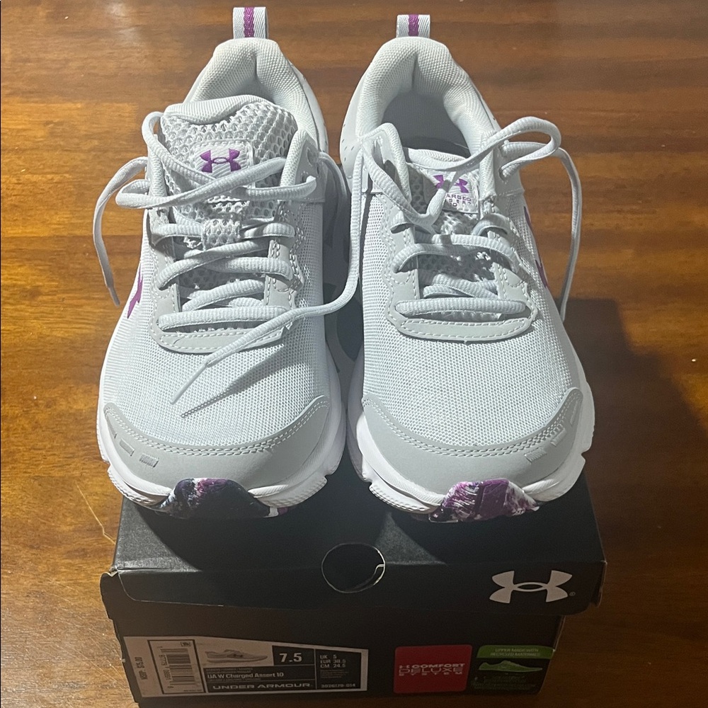 Under Armour W Charged Assert 10 Grey  and Purple Athletic Shoes - Picture 2 of 4